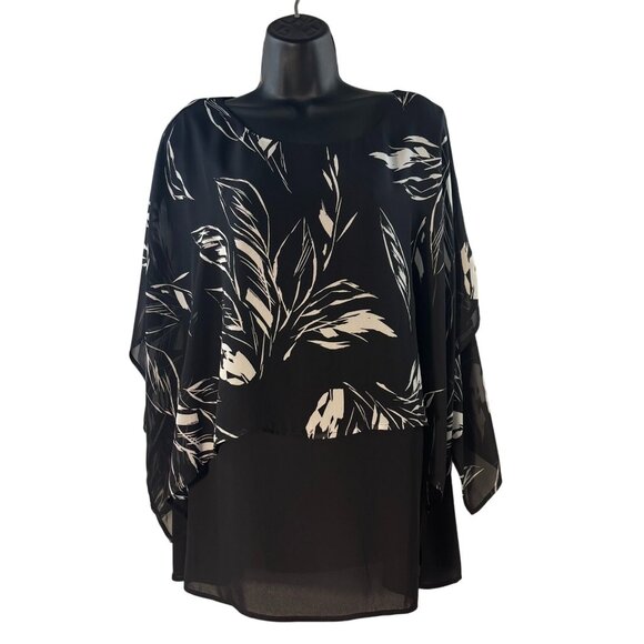 Chicos Black & White Leaf Print Sheer Layered Blouse Chicos Size 3 - Picture 1 of 9